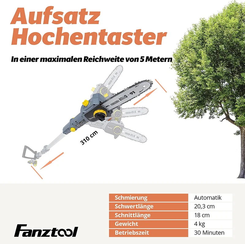 022 FANZTOOL 20V Akku Heckenschere, Hochentaster, Rasentrimmer (3-in-1)