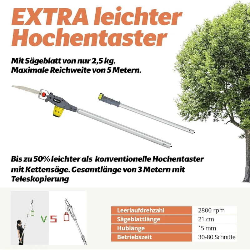 048 FANZTOOL 20V Akku 2-in-1 Hochentaster/teleskop Heckenschere mit 2Ah Akku & Ladegerät, Reichweite bis 5 m