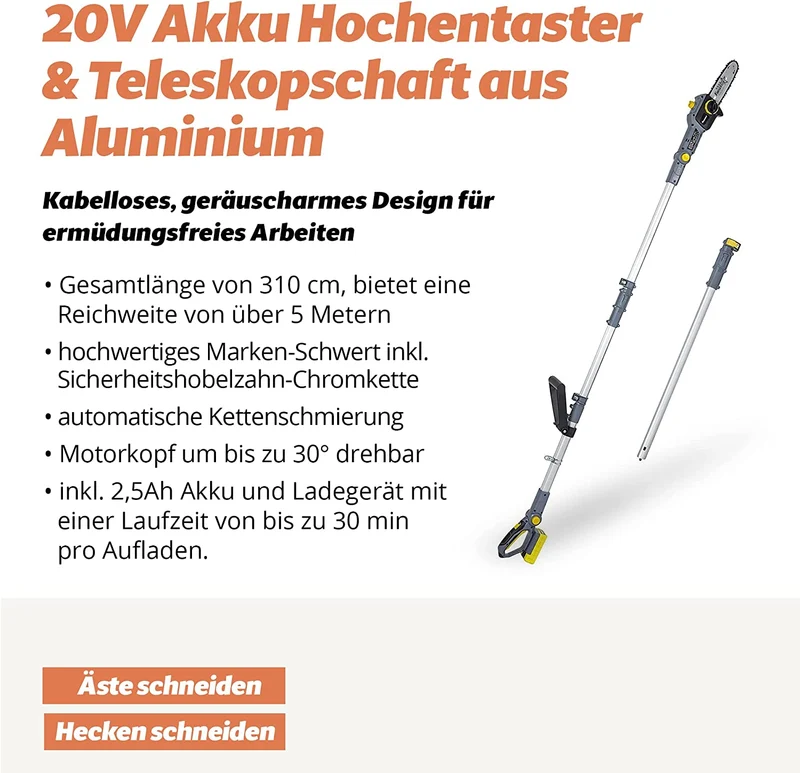 032 FANZTOOL 20V Li-Ion Akku-Hochentaster mit 2,5Ah Akku/Ladegerät, Höhe bis 5 m, leichtes Gewicht 4 kg