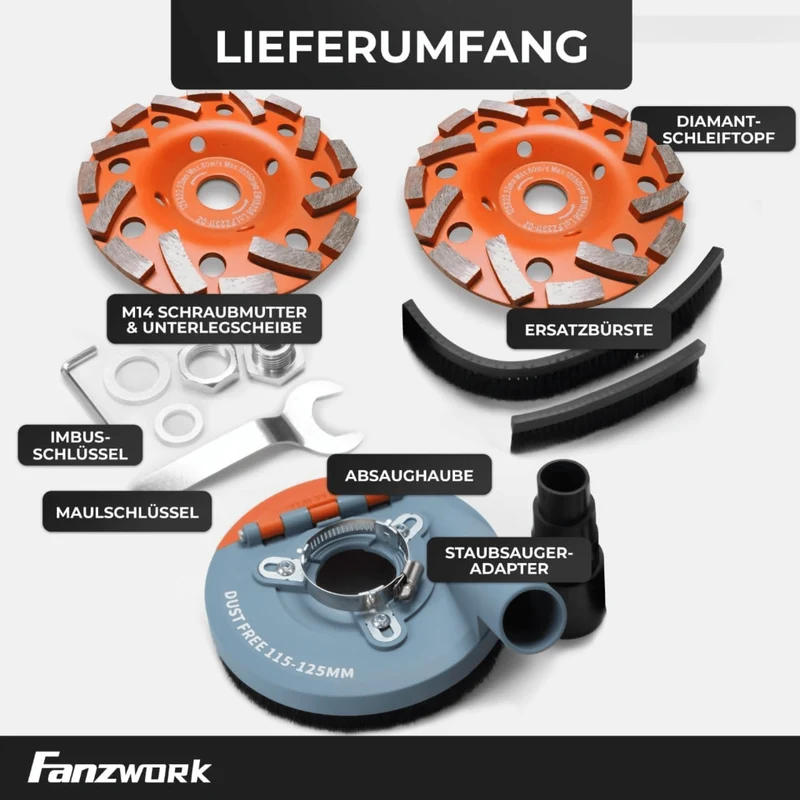 FANZWORK Absaughaube für Winkelschleifer inkl. 2x125 mm Diamantschleiftopf PROFI QUALITÄT #8