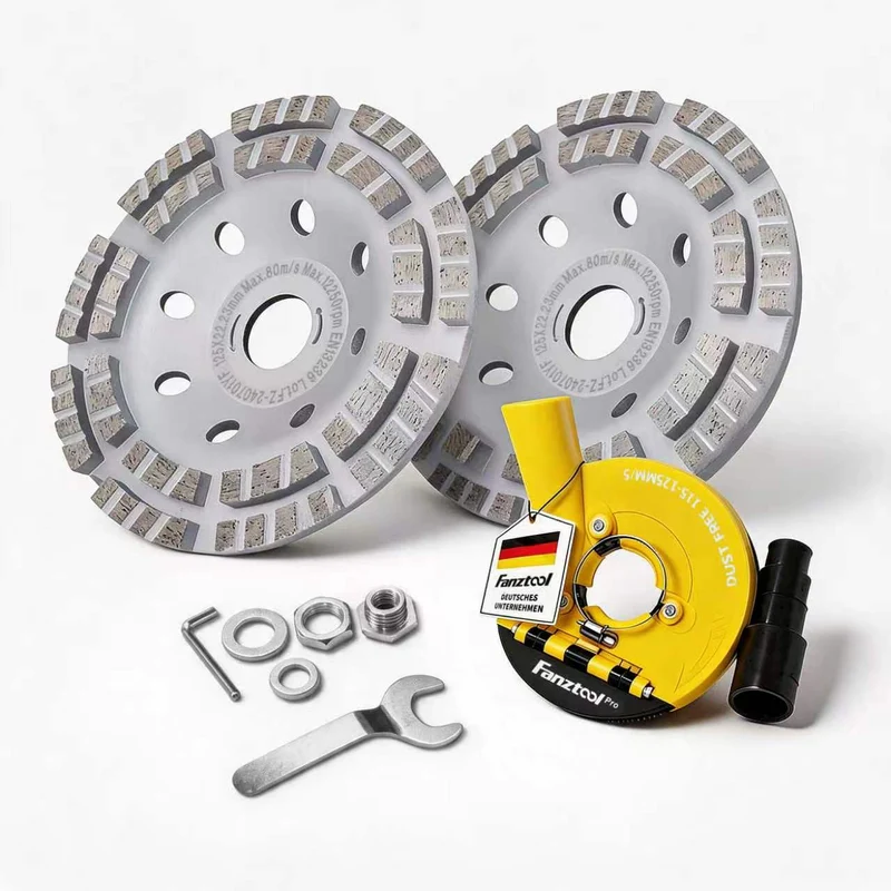 Neuwertig - #6 FANZTOOL Diamantschleiftopf 2 * 125 mm mit universal Absaughaube Staubsaugung für Winkelschleifer Betonschleifer