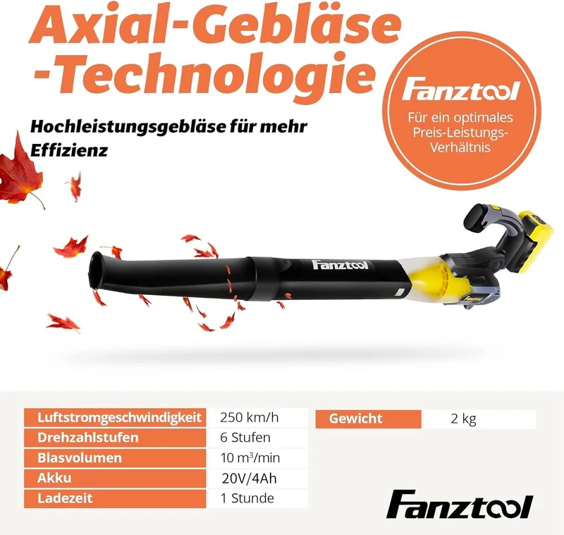 Neuwertig - FANZTOOL Axial Laubbläser mit 20V Akku und Ladegerät (Akku Laubbläser)
