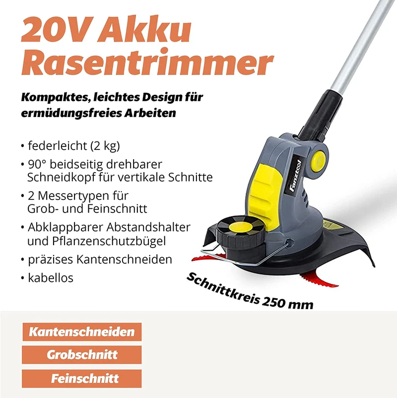 Neuwertig - FANZTOOL Akku Rasentrimmer 20V, inkl. 2Ah Akku, Ladegerät, Gerade Messer für Glatt- und Feinschnitt Und gekrümmte Messer mit Zähnen für Grobschnitt