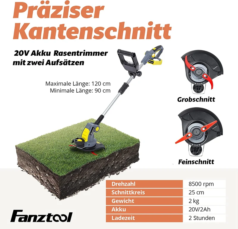 Neuwertig - FANZTOOL Akku Rasentrimmer 20V, inkl. 2Ah Akku, Ladegerät, Gerade Messer für Glatt- und Feinschnitt Und gekrümmte Messer mit Zähnen für Grobschnitt