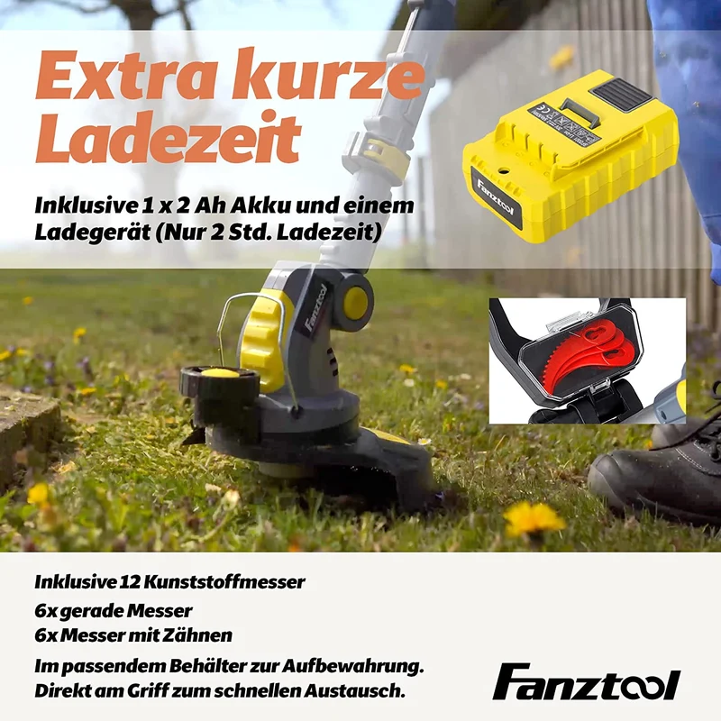 Neuwertig - FANZTOOL Akku Rasentrimmer 20V, inkl. 2Ah Akku, Ladegerät, Gerade Messer für Glatt- und Feinschnitt Und gekrümmte Messer mit Zähnen für Grobschnitt