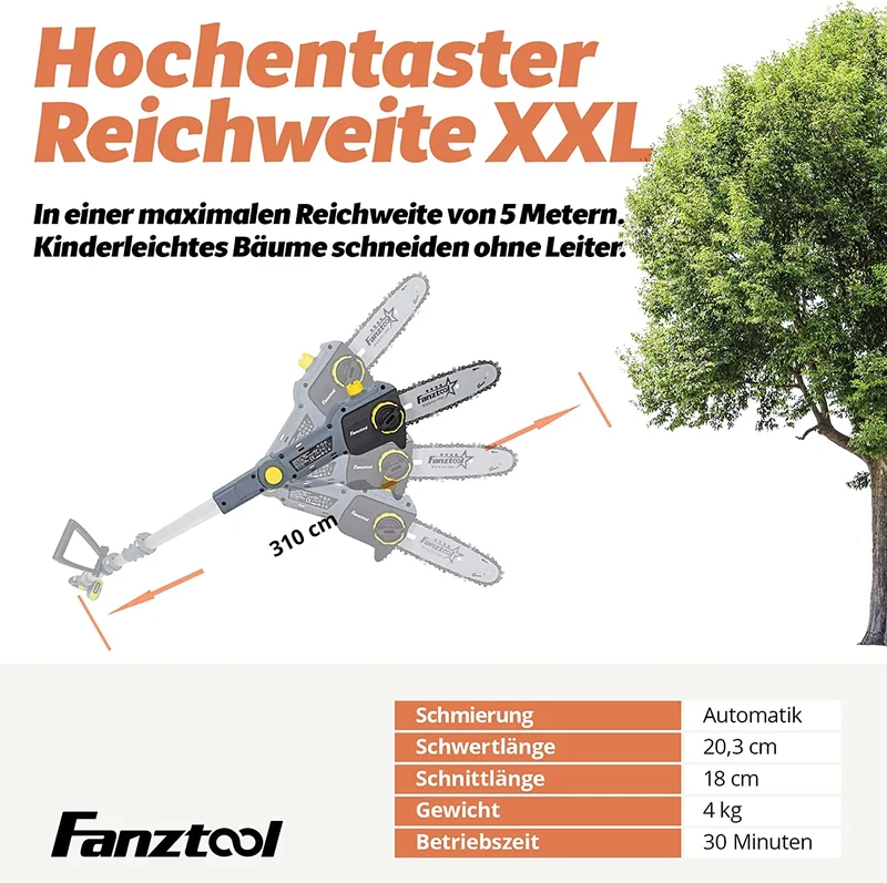 Neuwertig - FANZTOOL 20V Li-Ion Akku-Hochentaster mit 2,5Ah Akku/Ladegerät, Höhe bis 5 m, 17 cm Schnittstärke, Schwertlänge 20 cm, leichtes Gewicht 4 kg