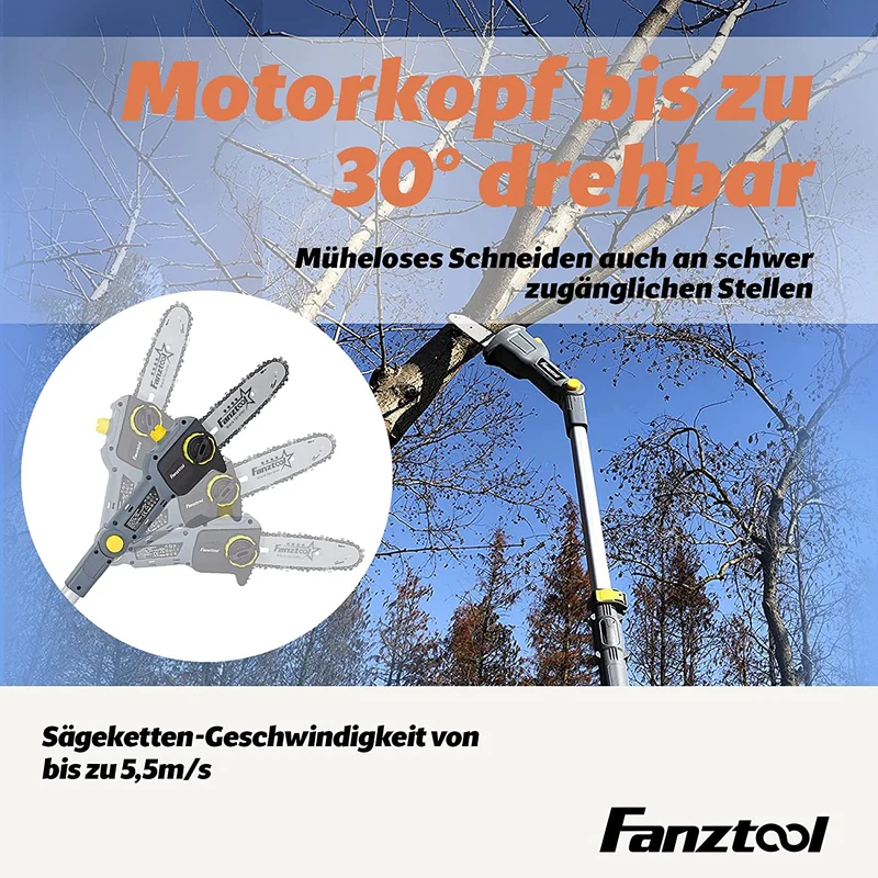 Neuwertig - FANZTOOL 20V Li-Ion Akku-Hochentaster mit 2,5Ah Akku/Ladegerät, Höhe bis 5 m, 17 cm Schnittstärke, Schwertlänge 20 cm, leichtes Gewicht 4 kg