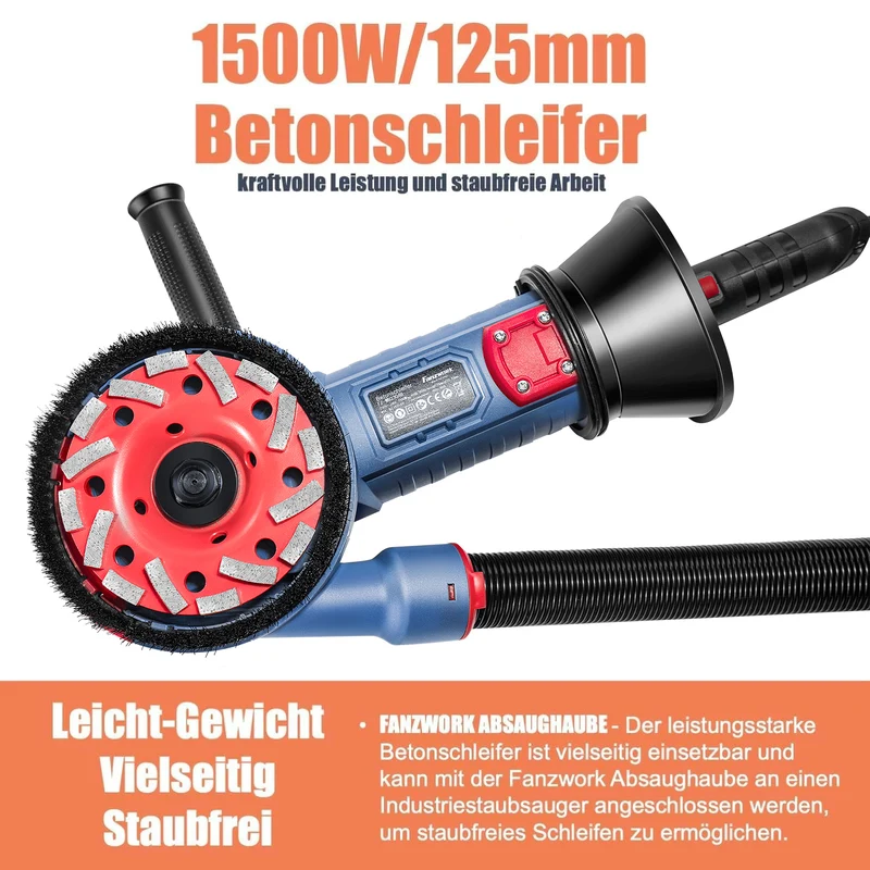 Neuwertig - FANZWORK 1500W Betonschleifer Betonfräse Set, Drehzahlregelbar, inkl. Premium 125mm Diamantschleiftopf, Absaughaube FZ-WB2304B