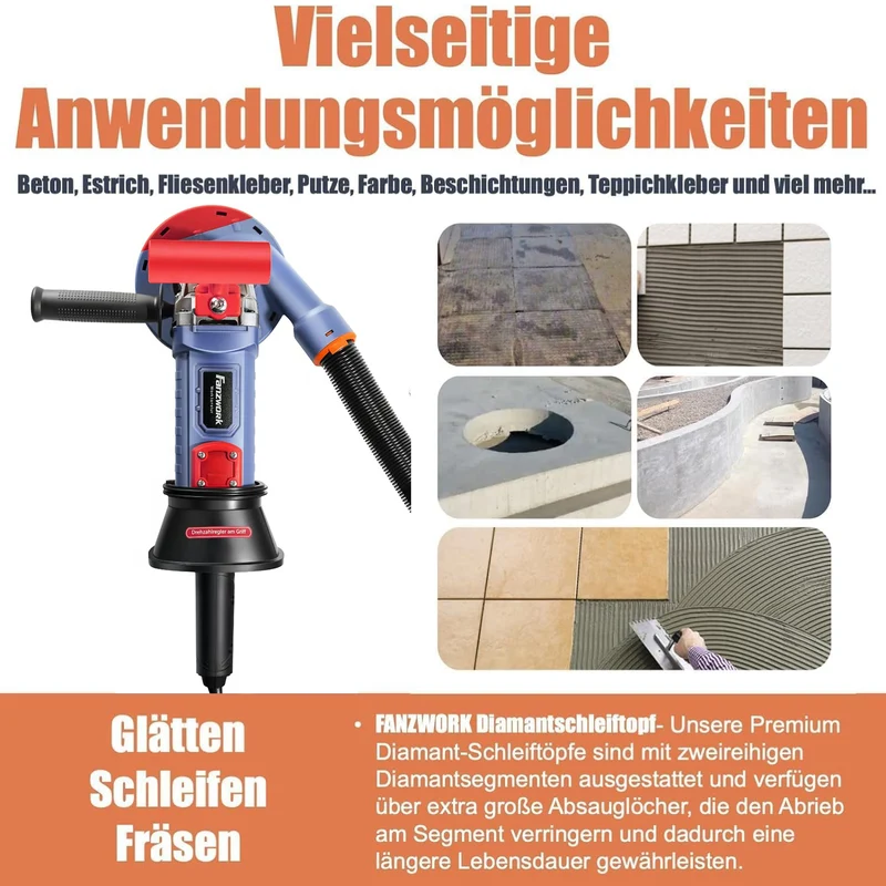Neuwertig - FANZWORK 1500W Betonschleifer Betonfräse Set, Drehzahlregelbar, inkl. Premium 125mm Diamantschleiftopf, Absaughaube FZ-WB2304B