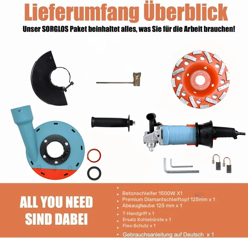 Neuwertig - FANZWORK 1500W Betonschleifer Betonfräse Set, Drehzahlregelbar, inkl. Premium 125mm Diamantschleiftopf, Absaughaube FZ-WB2304B