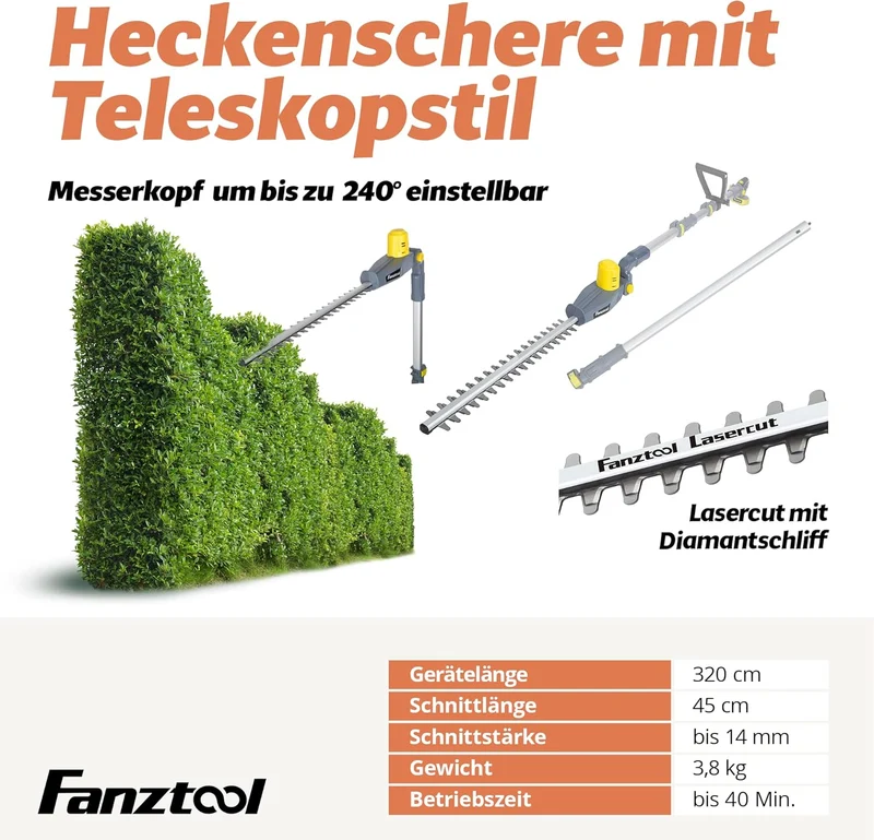Neuwertig - FANZTOOL Akku Teleskop Heckenschere Teleskopstiel mit 20V/2Ah Akku