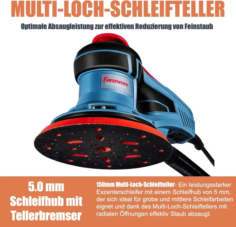 Neuwertig - 49E FANZWORK Exzenterschleifer 5mm Schleifhub mit 125/150 mm Schleifteller Klett. 350W bürstenlosen EC-Motor, inkl. Tragkoffer