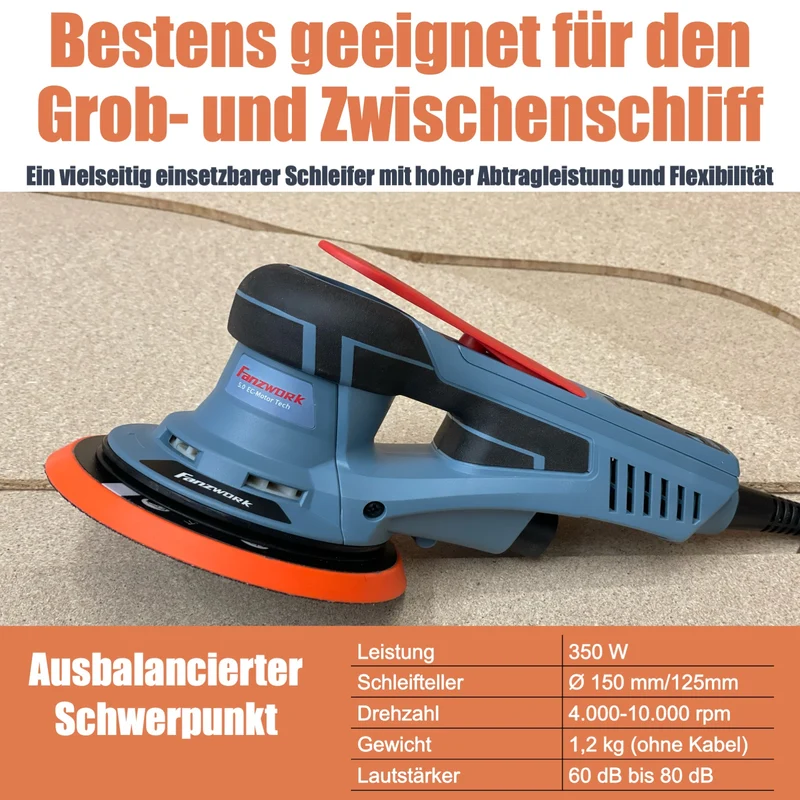 Neuwertig - 49E FANZWORK Exzenterschleifer 5mm Schleifhub mit 125/150 mm Schleifteller Klett. 350W bürstenlosen EC-Motor, inkl. Tragkoffer