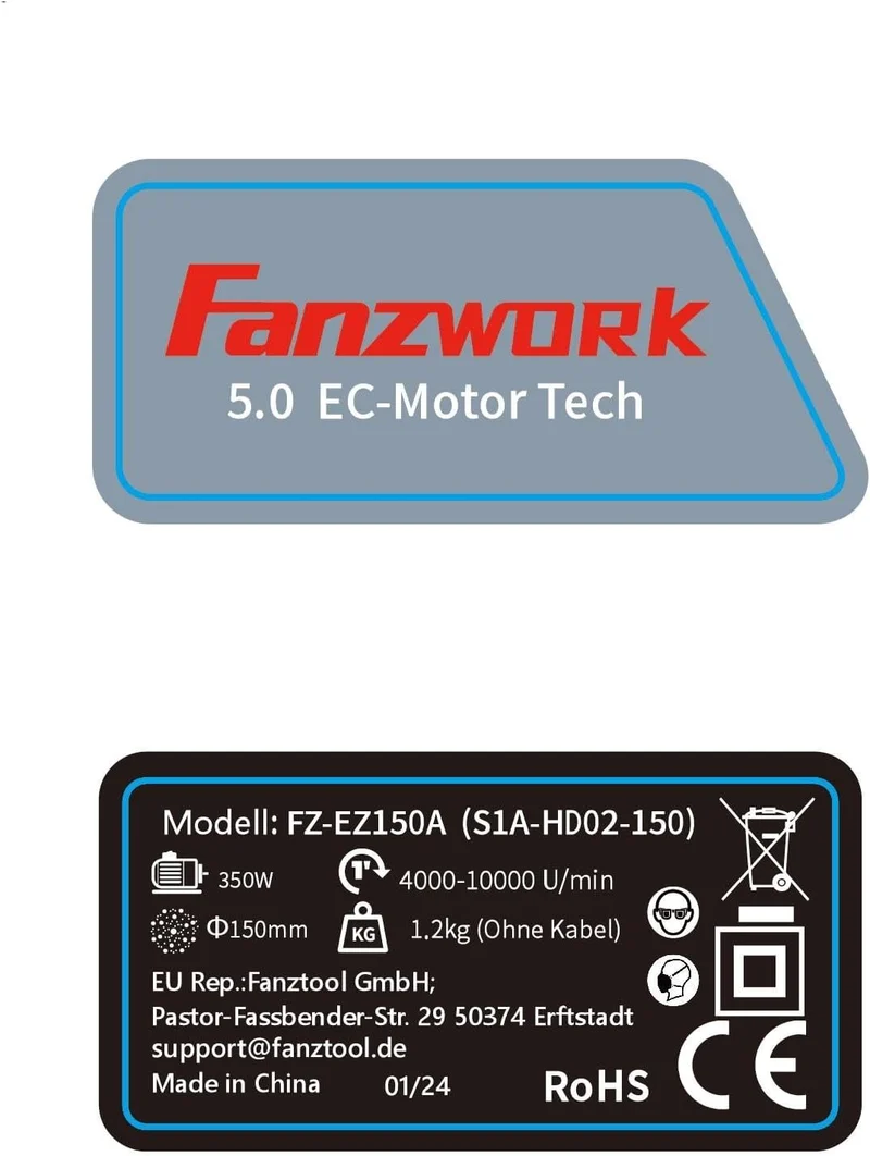 Neuwertig - 49E FANZWORK Exzenterschleifer 5mm Schleifhub mit 125/150 mm Schleifteller Klett. 350W bürstenlosen EC-Motor, inkl. Tragkoffer