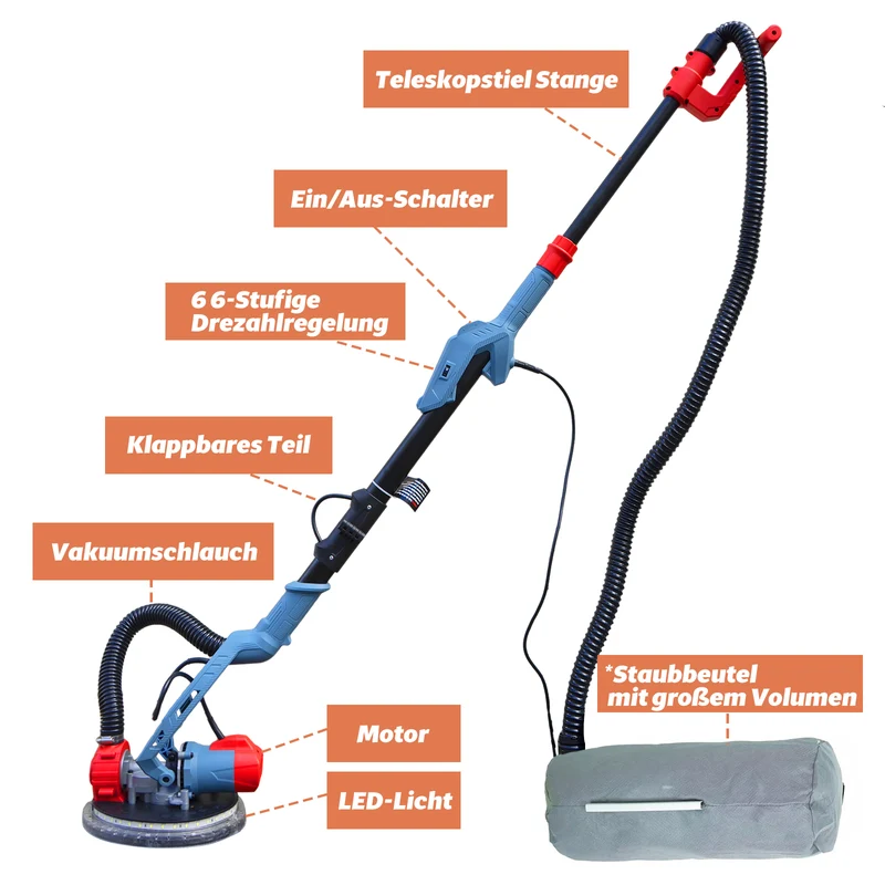 Gebraucht - FANZTOOL 750 Watt Trockenbauschleifer mit intrigiertem Staubsauger Giraffe Deckenschleifer – LED, 4kg