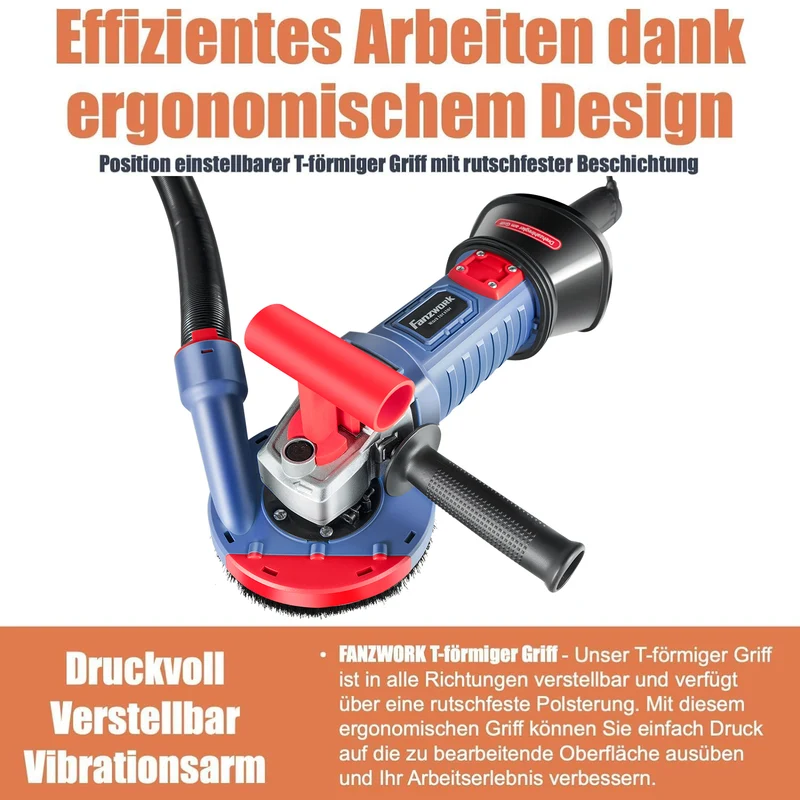 Neuwertig - FANZWORK 1500W Betonschleifer Betonfräse Set, Drehzahlregelbar, inkl. Premium 125mm Diamantschleiftopf, Absaughaube FZ-WB2304B