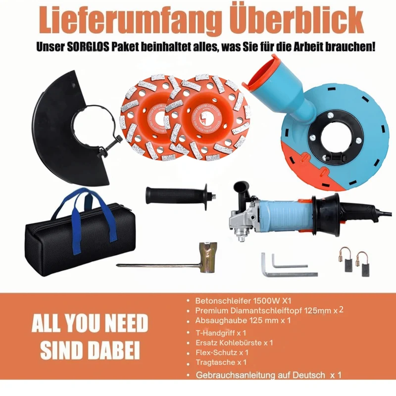 Neuwertig - FANZWORK 1500W Betonschleifer Betonfräse Set, Drehzahlregelbar, inkl. Premium 125mm Diamantschleiftopf, Absaughaube FZ-WB2304B
