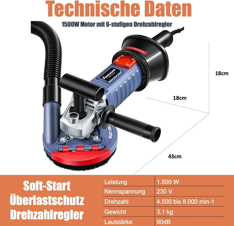 Gebraucht - FANZWORK 1500W Betonschleifer Betonfräse Set, Drehzahlregelbar, inkl. Premium 125mm Diamantschleiftopf, Absaughaube FZ-WB2304B
