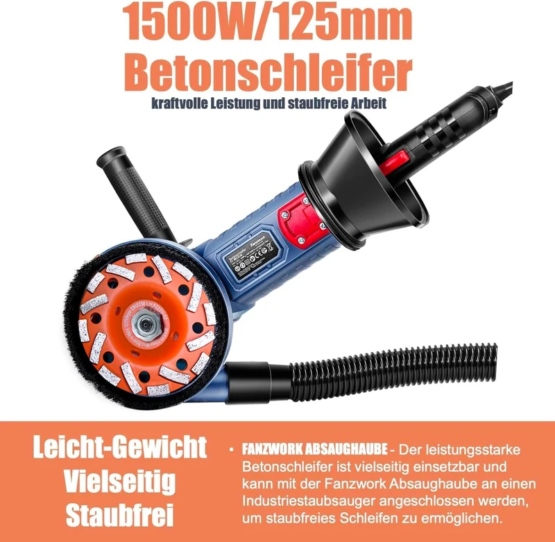 Gebraucht - FANZWORK 1500W Betonschleifer Betonfräse Set, Drehzahlregelbar, inkl. Premium 125mm Diamantschleiftopf, Absaughaube FZ-WB2304B