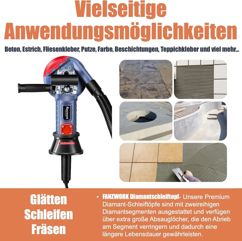 Gebraucht - FANZWORK 1500W Betonschleifer Betonfräse Set, Drehzahlregelbar, inkl. Premium 125mm Diamantschleiftopf, Absaughaube FZ-WB2304B