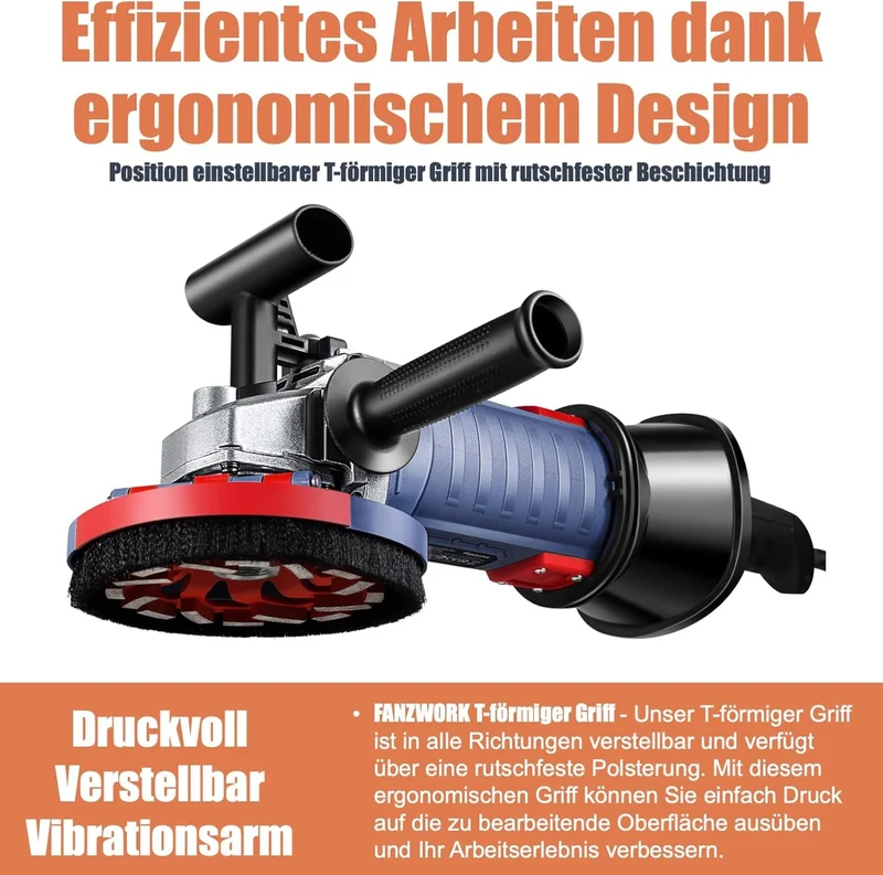 Gebraucht - FANZWORK 1500W Betonschleifer Betonfräse Set, Drehzahlregelbar, inkl. Premium 125mm Diamantschleiftopf, Absaughaube FZ-WB2304B