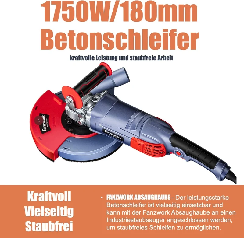 Gebraucht - FANZWORK 1750W/180mm Betonschleifer Set, 7.500 min-1 Umdrehung, inkl. 2 Stk. Premium180mm Diamantschleiftöpfe FZ-BW1750