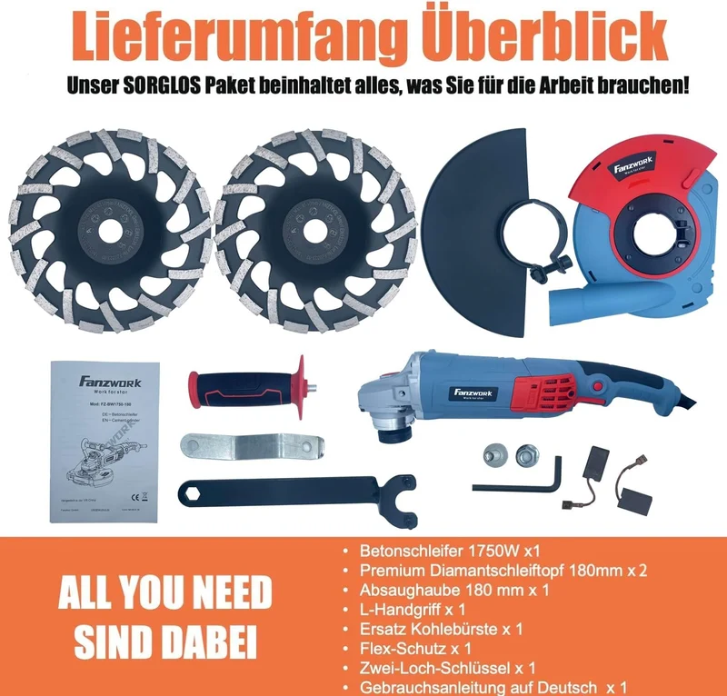 Neuwertig - FANZWORK 1750W/180mm Betonschleifer Set, 7.500 min-1 Umdrehung, inkl. 2 Stk. Premium180mm Diamantschleiftöpfe FZ-BW1750