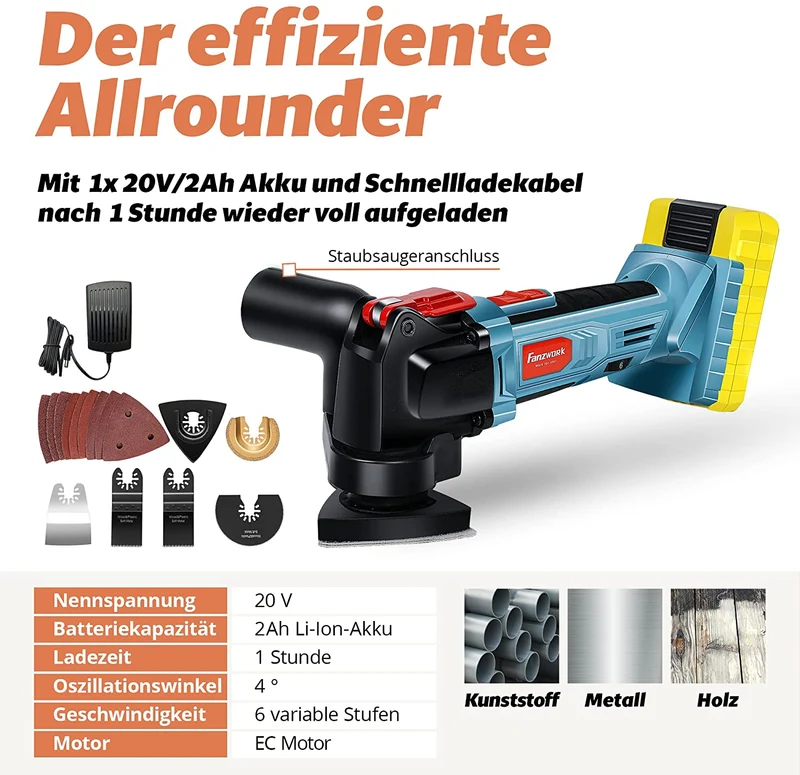 Neuwertig - FANZTOOL Akku Multifunktionswerkzeug, 20V EC Motor SMD100004