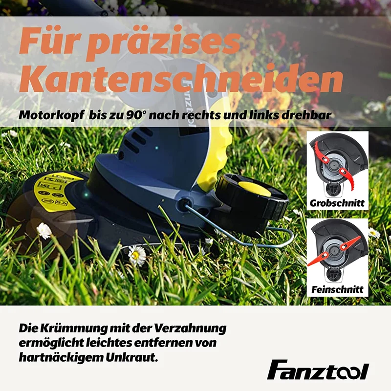 Gebraucht - FANZTOOL Akku Rasentrimmer 20V, inkl. 2Ah Akku, Ladegerät, Gerade Messer für Glatt- und Feinschnitt Und gekrümmte Messer mit Zähnen für Grobschnitt