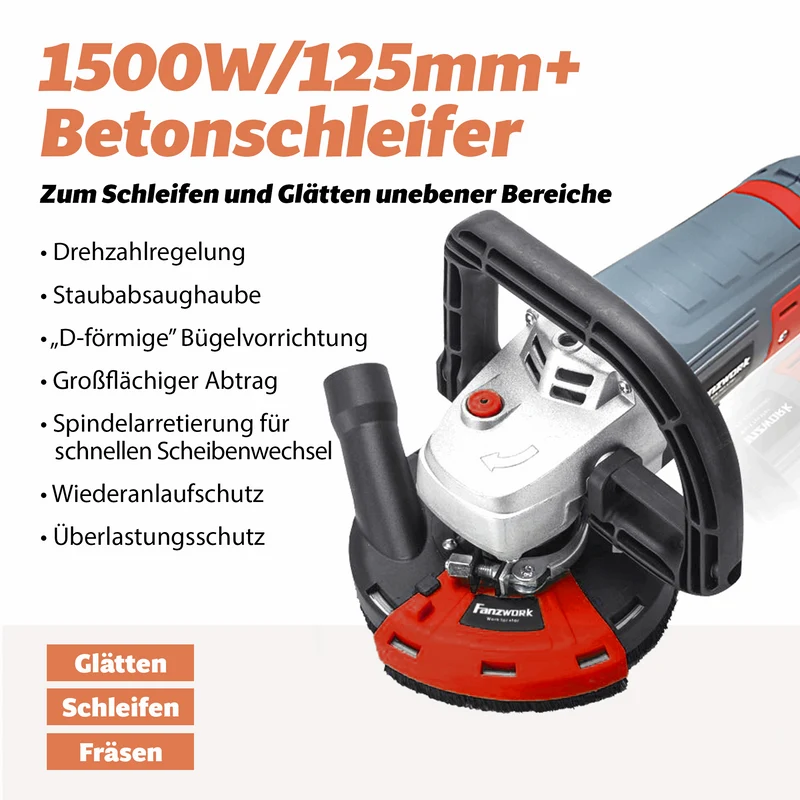 Gebraucht - FANZWORK Betonschleifer Betonfräse Set mit Diamantschleiftopf und Absaughaube (1500W/125mm) FT2302