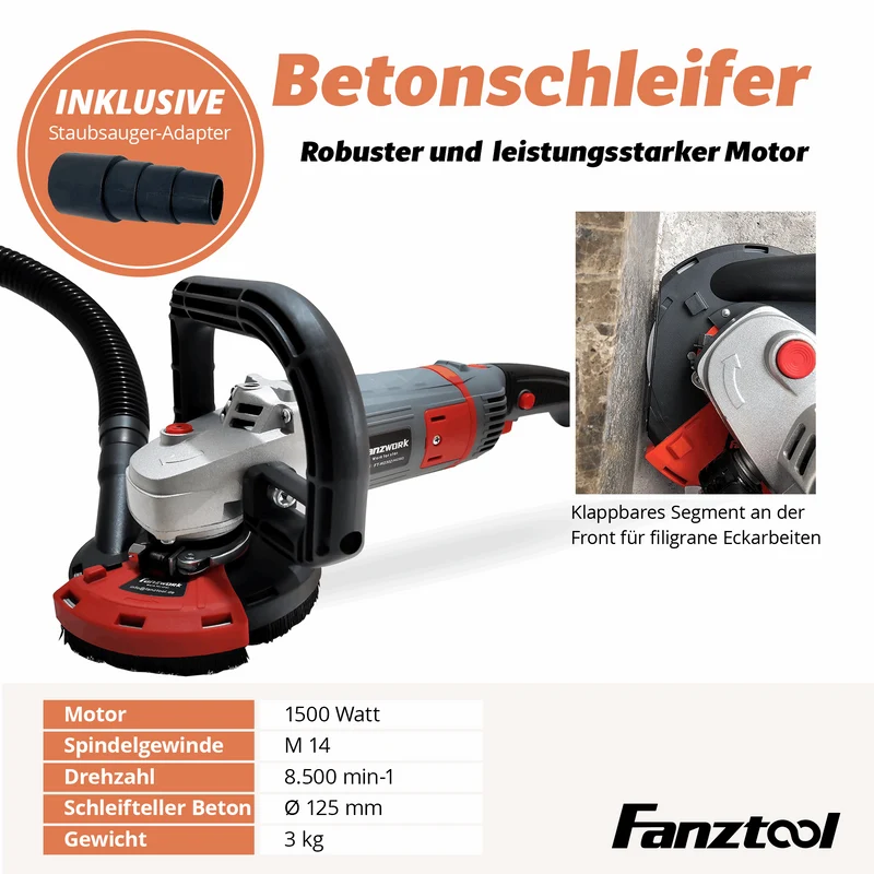 Gebraucht - FANZWORK Betonschleifer Betonfräse Set mit Diamantschleiftopf und Absaughaube (1500W/125mm) FT2302
