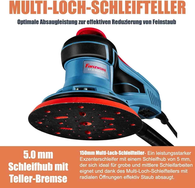 Neuwertig - 49B FANZWORK Exzenterschleifer 5mm Schleifhub mit 150mm Schleifteller Klett. 350W bürstenlosen EC-Motor, inkl. Tragkoffer FZ-EZ150A