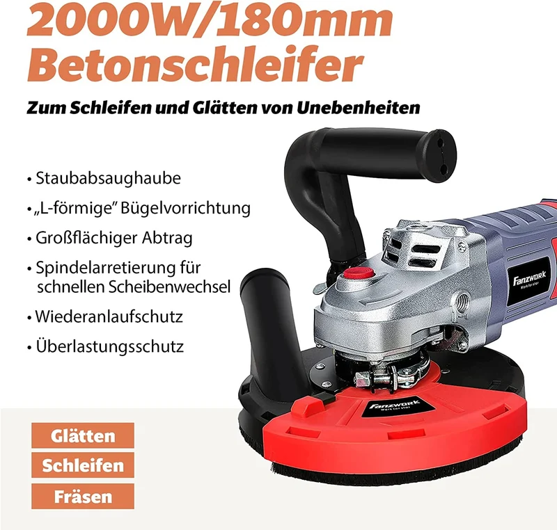 Neuwertig - FANZWORK Betonschleifer Betonfräse 2000W Set mit 180mm Diamantschleiftopf und Absaughaube FT-2301