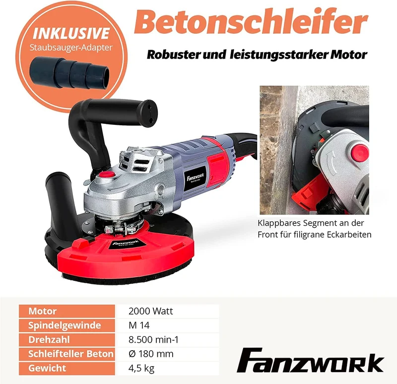 Neuwertig - FANZWORK Betonschleifer Betonfräse 2000W Set mit 180mm Diamantschleiftopf und Absaughaube FT-2301