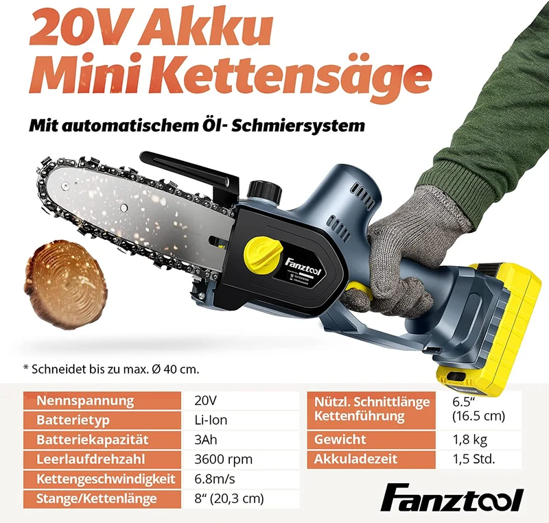 Gebraucht - FANZTOOL 20V Akku Handsäge, Kettensäge mini 1,8 kg, EC-Motor, 3Ah Akku SMY100014