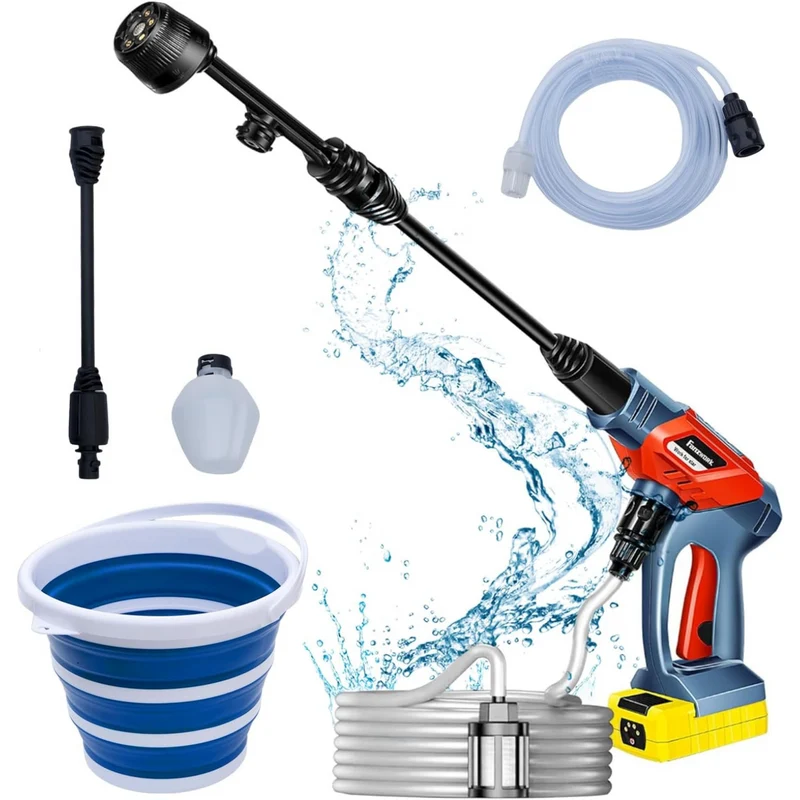 Neuwertig - FANZTOOL Akku Hochdruckreiniger 20V mit 5-in-1-Multifunktionsdüse, 24 Bar Druck, Fördermenge 150 l/h, inkl. 6 m Schlauch mit Filter und 5 Liter Eimer