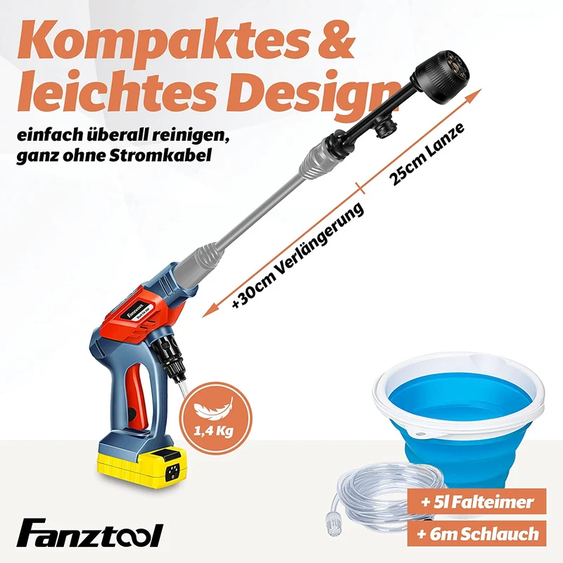 Gebraucht - FANZTOOL Akku Hochdruckreiniger 20V mit 5-in-1-Multifunktionsdüse, 24 Bar Druck, Fördermenge 150 l/h, inkl. 6 m Schlauch mit Filter und 5 Liter Eimer
