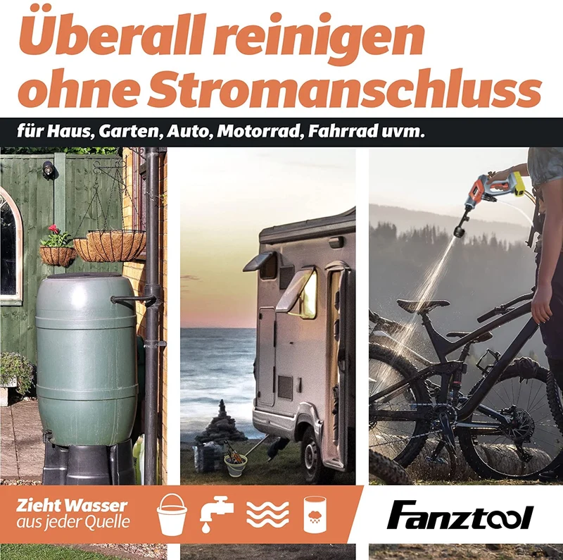 Gebraucht - FANZTOOL Akku Hochdruckreiniger 20V mit 5-in-1-Multifunktionsdüse, 24 Bar Druck, Fördermenge 150 l/h, inkl. 6 m Schlauch mit Filter und 5 Liter Eimer