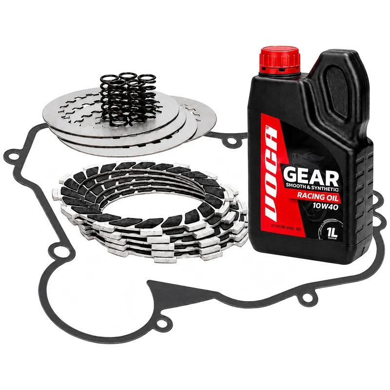 Kit discos de embrague, aceite 10W40 1L VOCA Racing y junta embrague Allpro Derbi Euro 3/4/5