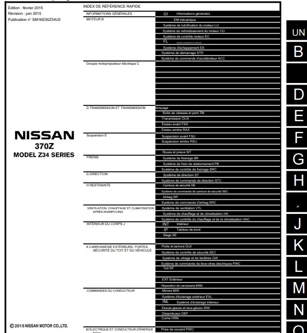 Manuel d'atelier Nissan 370 Z 2016 français