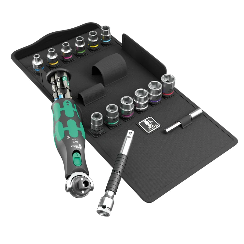 Cliquet Wera 8009 Zyklop Pocket Tête Orientable Combinee Douille 3-8 Et Tournevis 1-4 (Avec Reserve D'Embout Intégrée) Noir-Vert (Set 27 Pieces) -Marque Allemande Pour Les Ateliers-