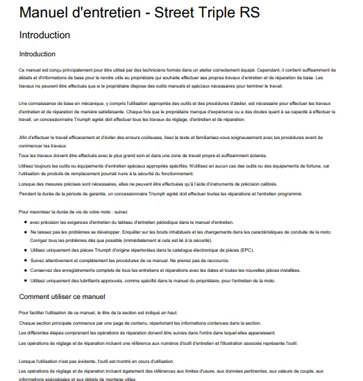 manuel d'atelier Triumph Street Triple 765 RS 2020 français
