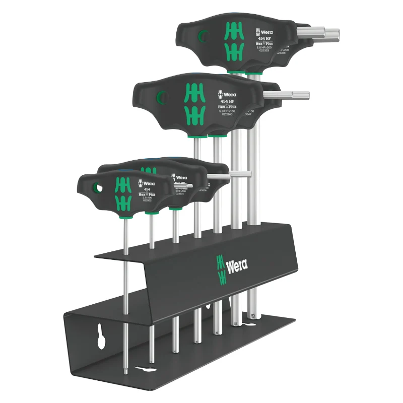 Clé Allen-6 Pans Manche En T Wera 454 Hex Plus Noir-Vert (Avec Support) (Set 7 Pieces) -Marque Allemande Pour Les Ateliers-