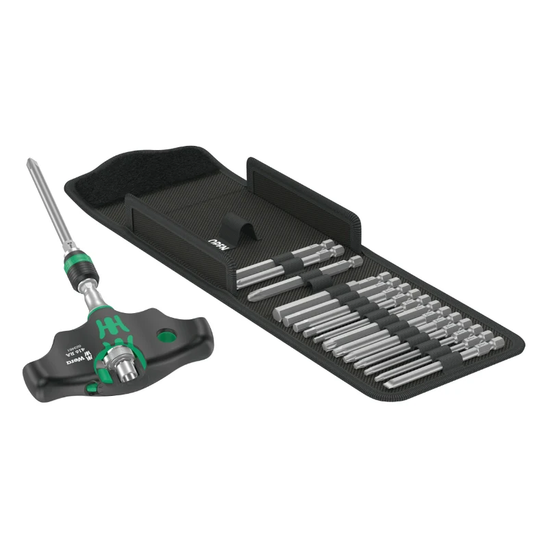 Cliquet Manche En T Wera 400 Kompakt 1-4 Avec Embouts Vissage Noir-Vert (Set 17 Pieces) -Marque Allemande Pour Les Ateliers-