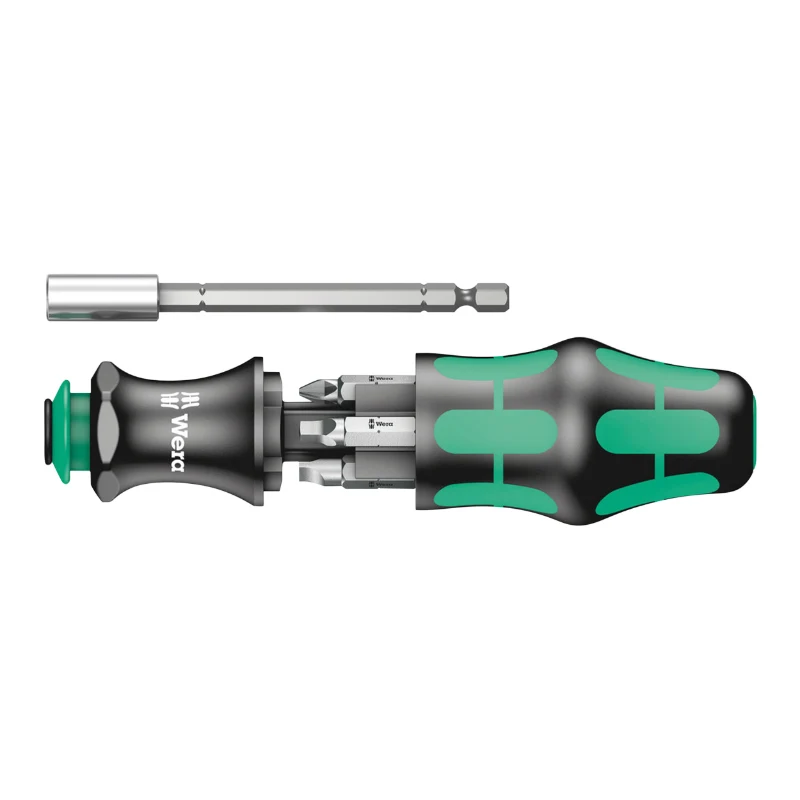 Tournevis Porte Embout Wera 28 Sb Kraftform Kompakt 1-4 (Avec Reserve D'Embout Intégrée) Noir-Vert (Vendu A L'Unite) -Marque Allemande Pour Les Ateliers-