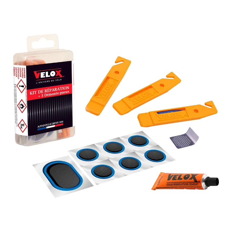 Kit Réparation Chambre A Air Velox City-VTC - Boite (3 Démonte Pneu + 6 Patch 25 mm + 1 Patch 50X25 mm + Colle 10G + Rape Acier) Avec Notice (Offre Spéciale)