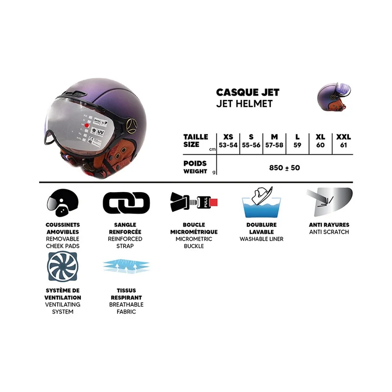 Casque JET bleu mat caméléon (taille XS à XXL)