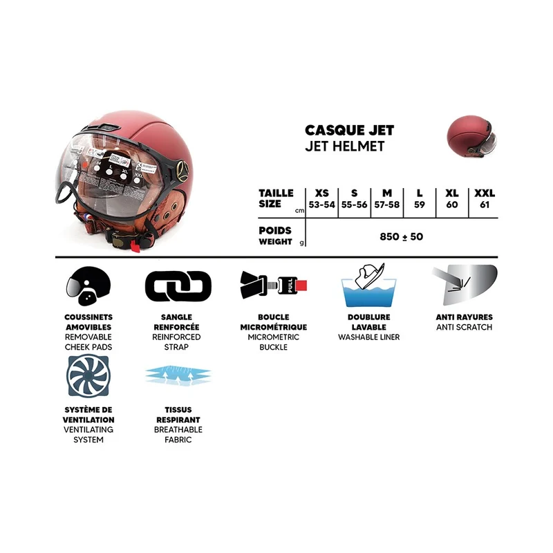 Casque JET bordeaux mat (taille XS à XXL)