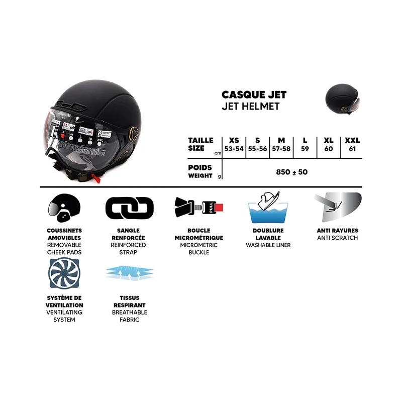 Casque JET noir mat (taille XS à XXL)