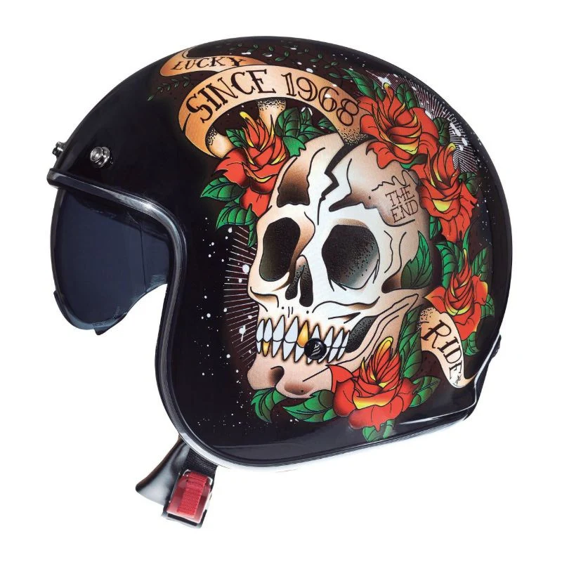 Casque jet moto - Le Mans skull et roses